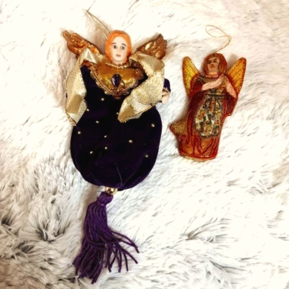 Vintage Angel Ornaments Velvet and‎ Silk Embroidery Set of Two